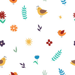 Spring seamless pattern with colorful birds, plants and flowers. Vector illustration for decorating textiles, postcards, posters, packaging