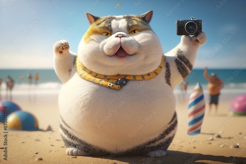 Poster a cat is holding a camera and standing on the beach with a lot of people cgstudio computer graphics 