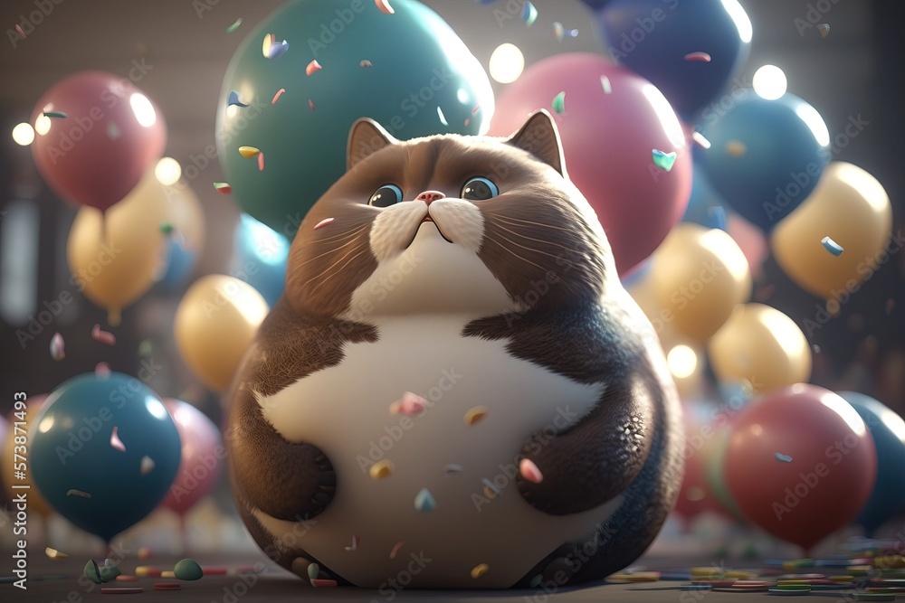 Poster a cat sitting on top of a ball surrounded by balloons and confetti on a floor unreal 5 highly render