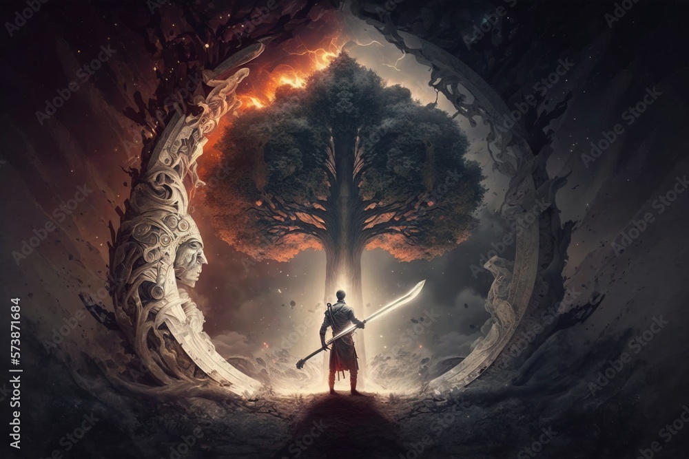 Poster a man holding a sword standing in front of a tree with a sword in it fantasy digital art concept art