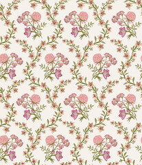 Obraz premium Seamless pattern. Beautiful blooming realistic isolated flowers. Vintage background. Set Clover Bluebells Heliotrope wildflowers. Damascus Wallpaper. Drawing engraving. Vector victorian Illustration
