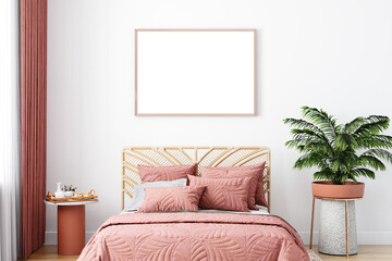 Mock up frame in bedroom, White wall, Horizontal blank frame, 3D rendering