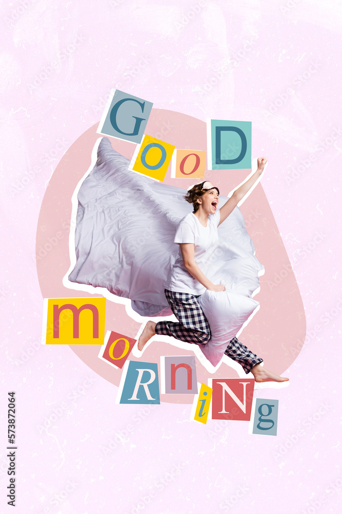 Poster Vertical photo minimal design collage art of youngster crazy jumping bedtime girl fist up good morning wakeup isolated on pink color background