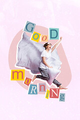 Vertical photo minimal design collage art of youngster crazy jumping bedtime girl fist up good...