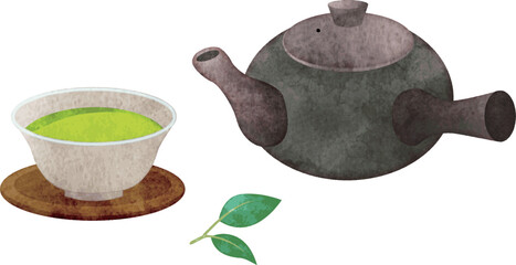 急須と緑茶　手描き水彩風イラスト
