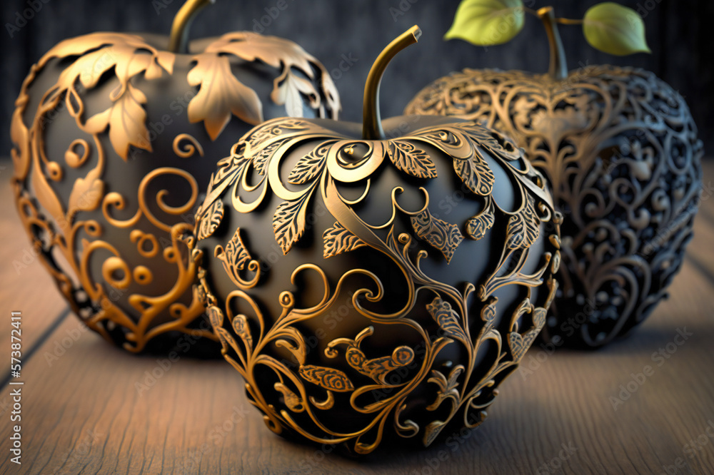 Poster black apples covered in filigree gold. created with generative ai technology.