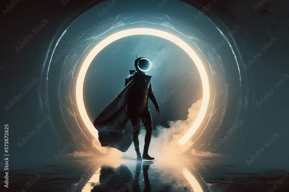 Poster a man in a space suit standing in front of a circular object with a light on it sci fi cyberpunk art