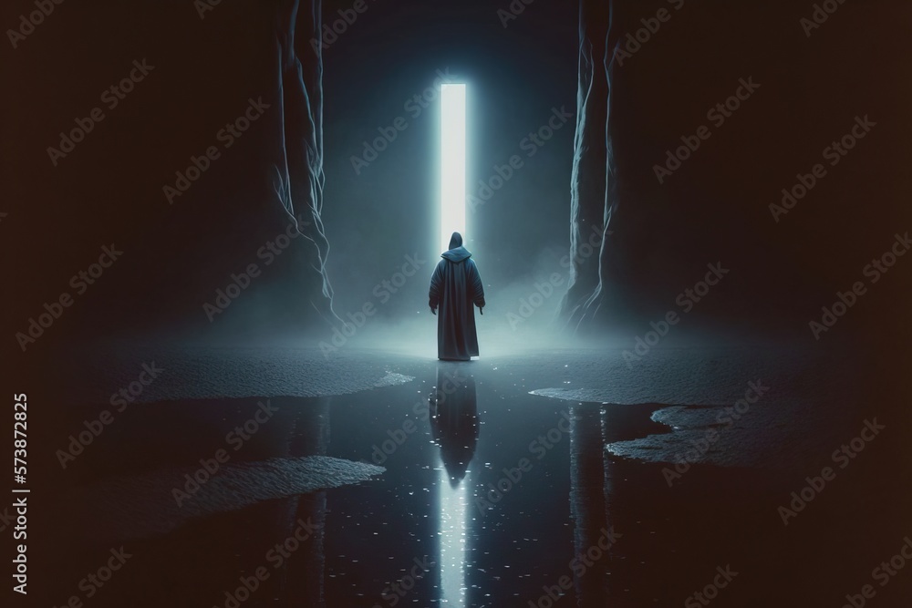 Poster a man standing in a doorway with a light at the end of it in the dark dim volumetric lighting a rayt