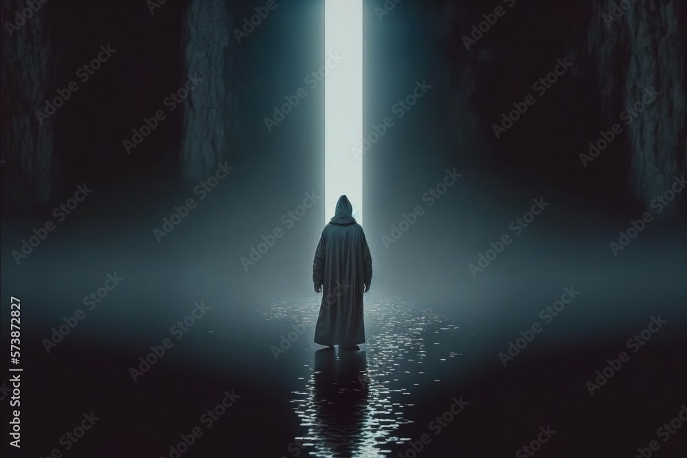 Poster a person standing in a dark tunnel with a light at the end of it and a light at the end of the tunne