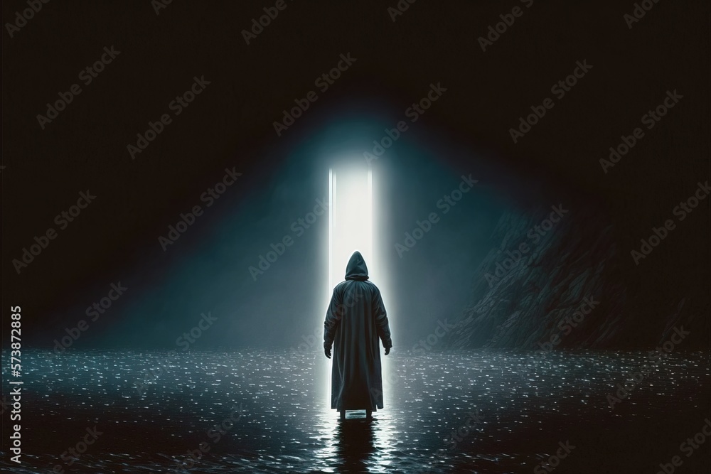 Poster a man standing in the dark with a light at the end of the tunnel in the middle of the ocean liminal 