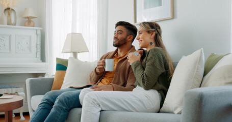 Relax, coffee and watching tv with couple on sofa together for movie, streaming service or television. Happy, love and tea with man and woman in living room at home for video, film and news lifestyle