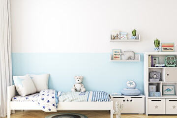 Interior  background wall in kids room, 3D rendering - obrazy, fototapety, plakaty