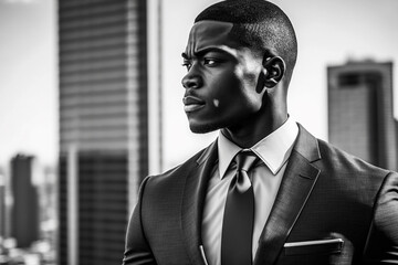 Black History Month | A strong and confident black man stands in front of a modern cityscape. He is wearing a sleek, tailored suit and exudes power and sophistication. Black and white. Ai