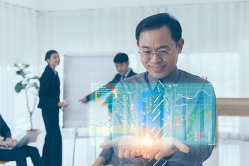 Executive manager man illustrate bring business big data sale marketing analysis decision information detail graph chart all in hand