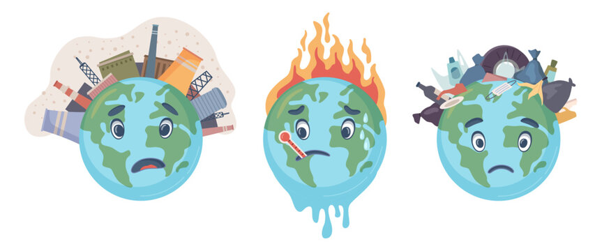 Contamination and pollution of planet earth. Isolated planets suffering from factories, fires and waste thrown away be people dwellers. Vector ecology problems, cartoon characters in flat style