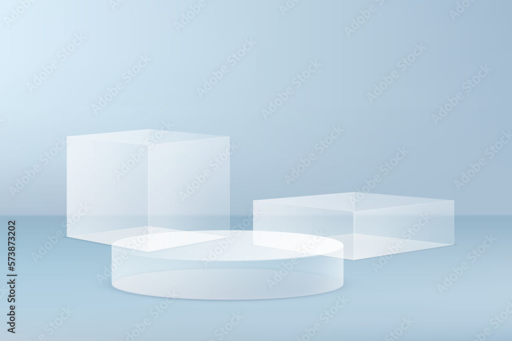 Poster Glass podium or platform for product advertisement or presentation. Transparent box and circular shape for presenting and ads. 3d style vector illustration