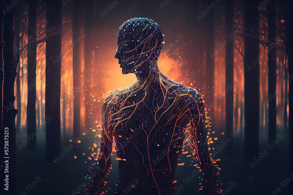 Aufkleber a man standing in a forest with a glowing body and head in the background of the image biopunk cyber