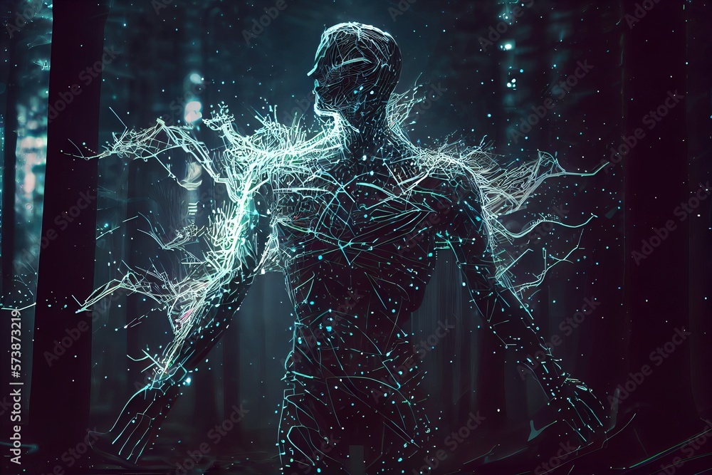 Poster a man in a forest with a glowing body and arms and a forest background biopunk concept art generativ