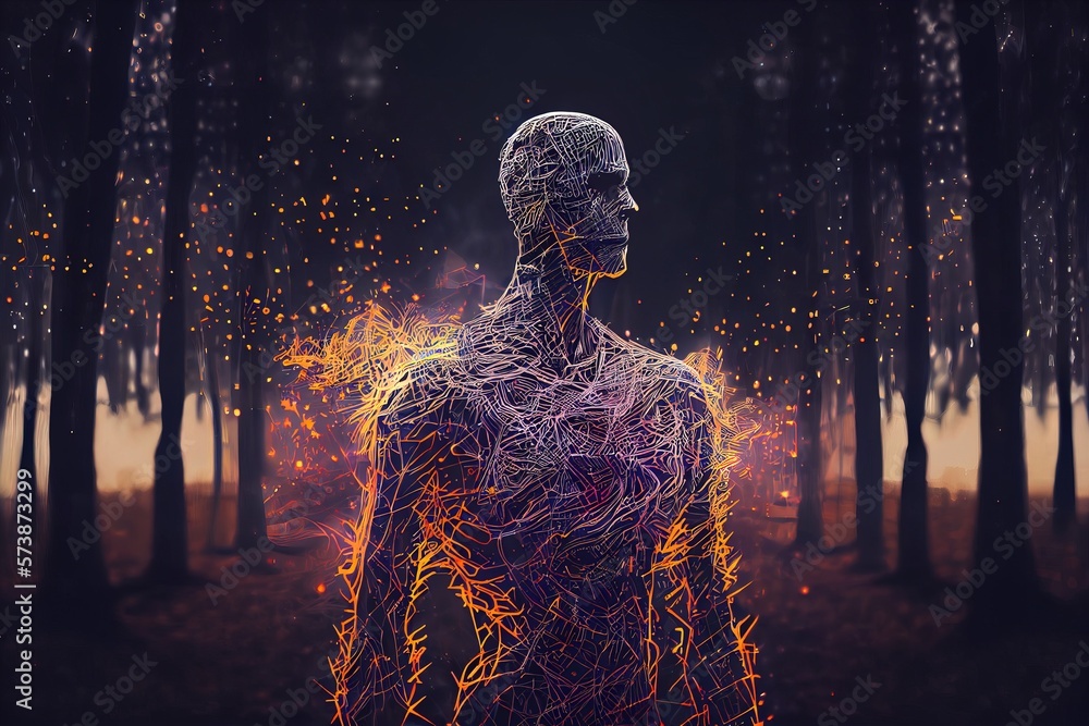 Aufkleber a man standing in a forest with fire in his body and trees in the background octane renderer a 3d re