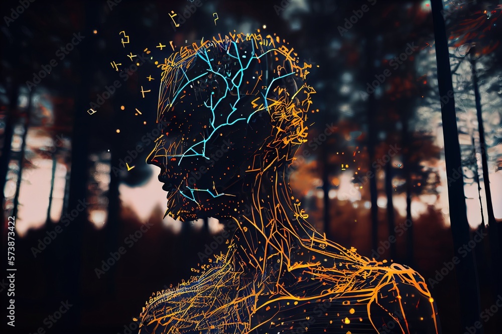 Aufkleber a man's face is shown with glowing lines in the shape of trees and stars octane renderer a 3d render