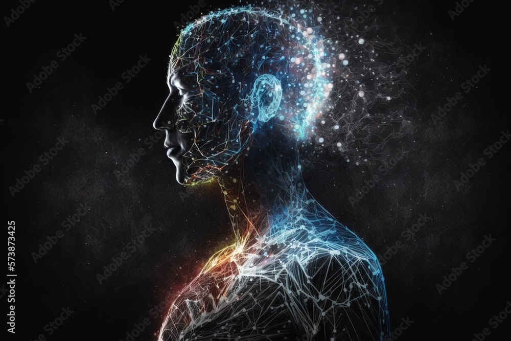 Poster a man's head with a glowing light coming out of it and a wire in the middle of the head cybernetics 