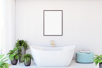 Mock up poster frame in bathroom, White wall, Wood blank frame, 3D rendering