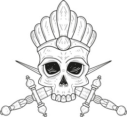 Hand drawn human skull with daggers. Vector illustration, doodle style. Line art. Tattoo sketch.
