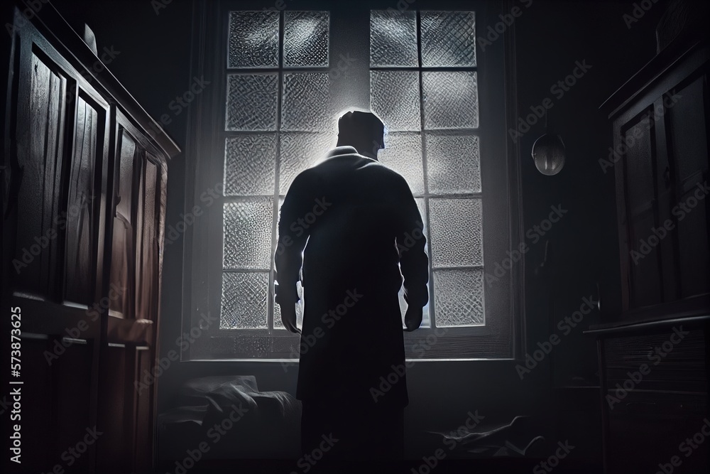 Poster a man standing in front of a window in a dark room with a blanket on the floor dim volumetric lighti