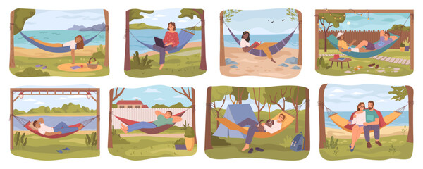 People laying in hammock, enjoying weekends or holidays. Man and woman outside sleeping or reading, working on pc. Flat cartoon character, vector illustration