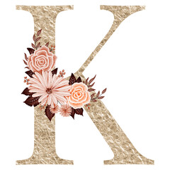 Floral alphabet, gold letter K with watercolor flowers and leaf