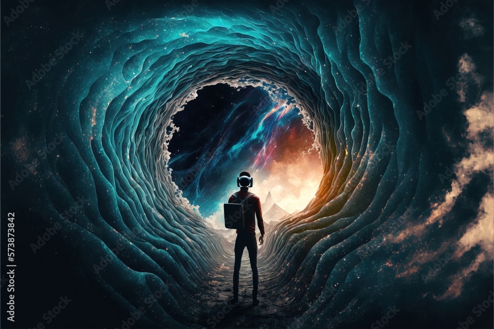 Poster a man standing in a tunnel with a backpack on his back and a sky background sci fi computer graphics