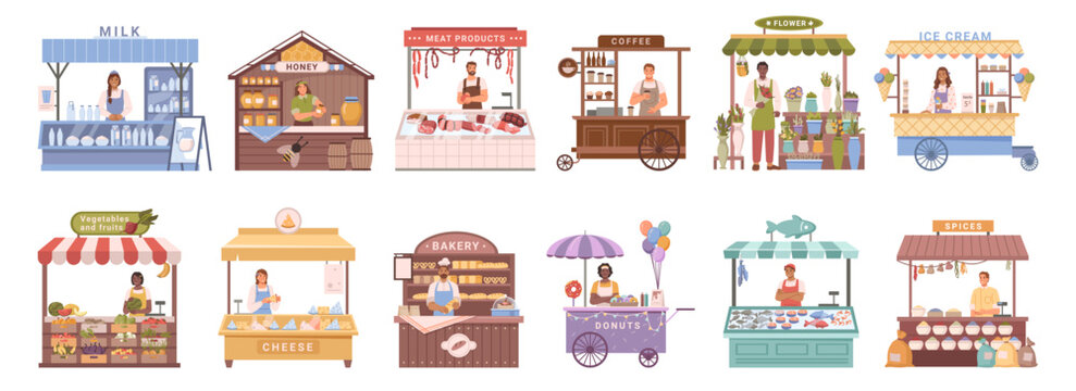 Kiosks and street stalls selling food and products to passers by. Isolated milk and fish market, ice cream and dessert, veggies and bread. Flat cartoon, vector illustration