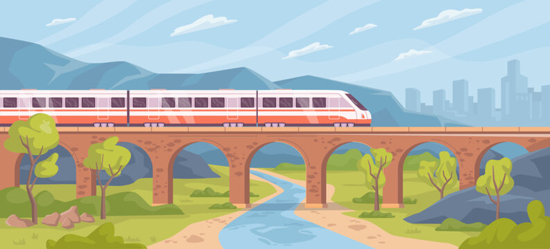 Traveling by train through nature landscape. Old brick bridge and river, transportation and tourism. Means of commuting. Flat cartoon, vector illustration
