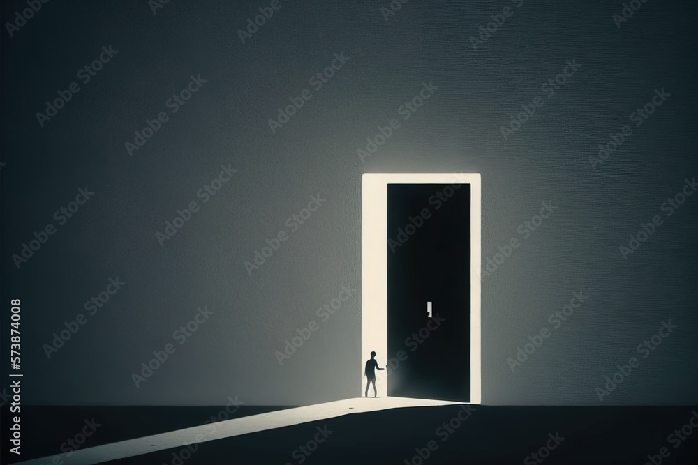 Poster a person standing in front of a doorway with a light coming in from it and a person standing in the 
