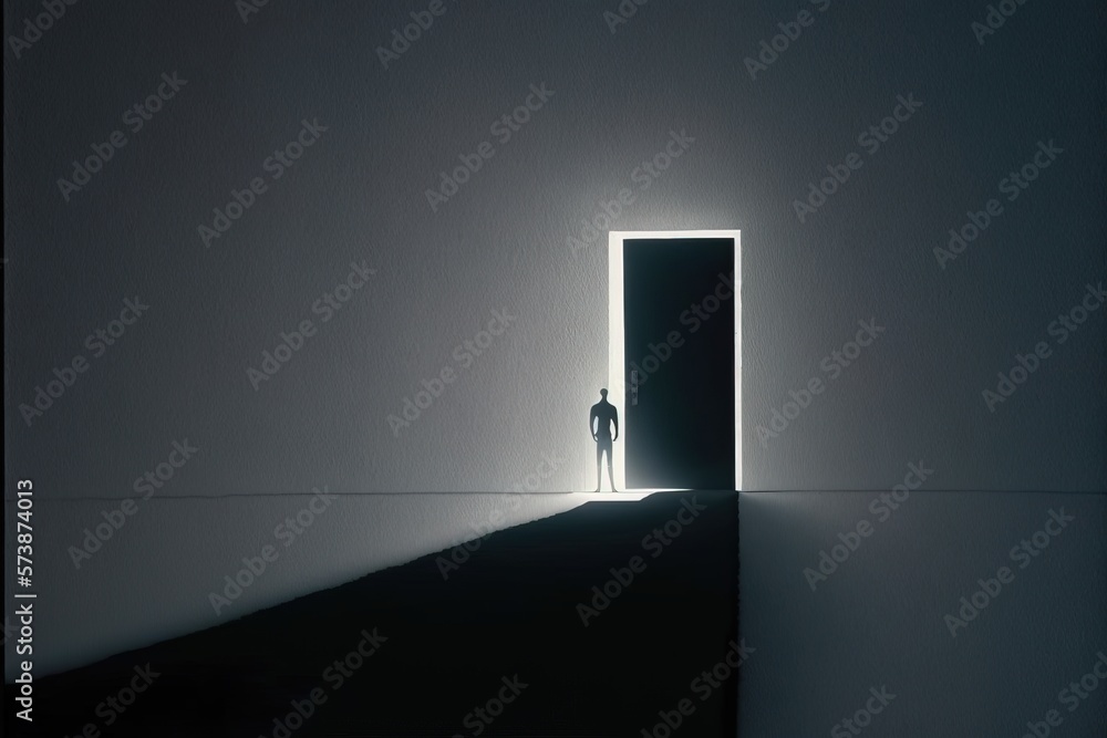 Poster a man standing in front of a doorway with a light coming through it to a person standing in the door