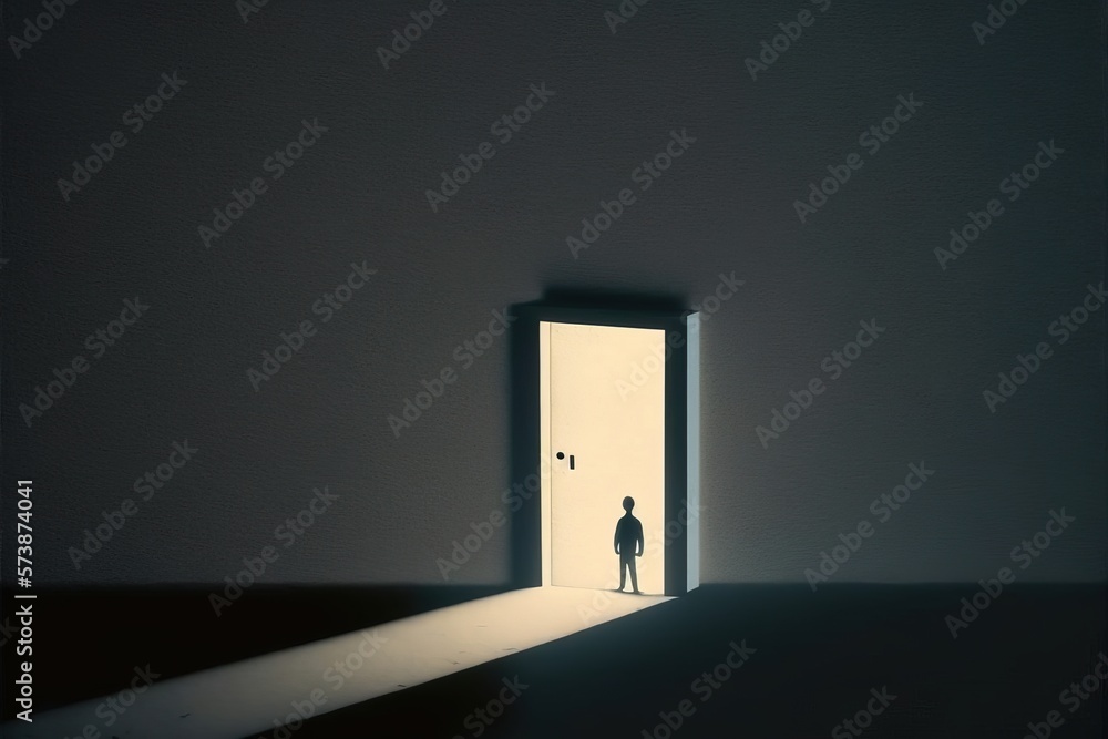 Poster a man standing in front of a doorway with a light coming through it and a shadow of a person standin