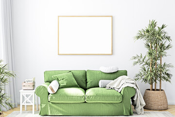 Mock up poster in living room with a green sofa, 3D render
