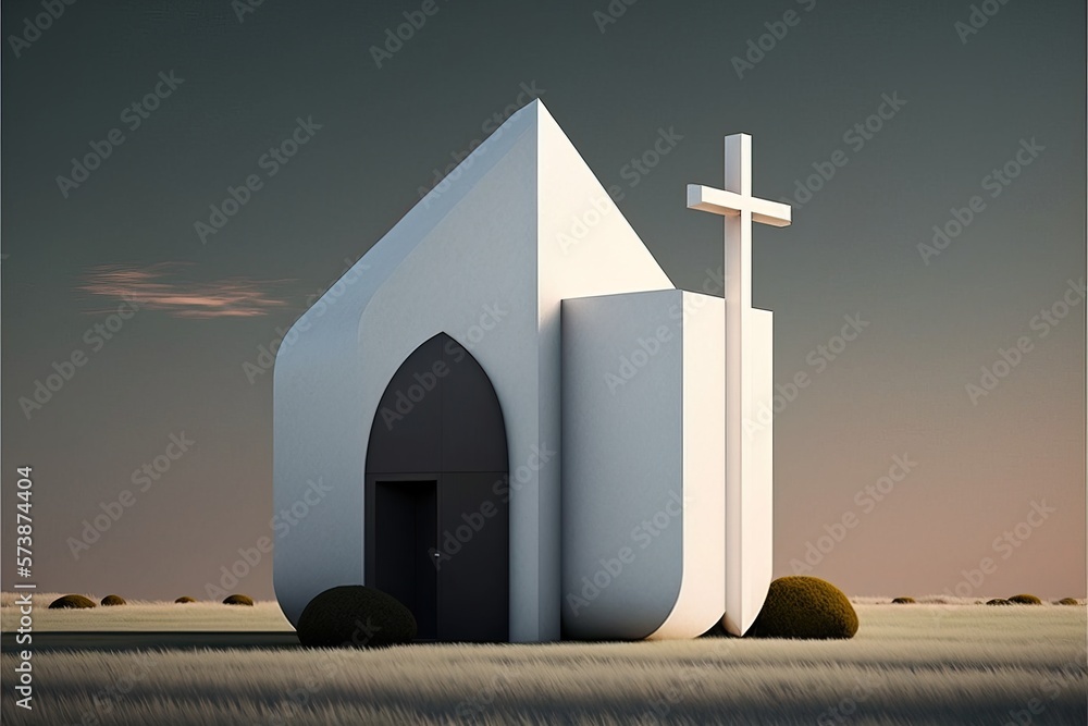 Poster a church with a cross on the front of it and a field of grass in front of it minimalist a digital re