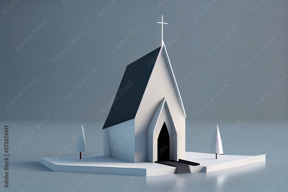 Poster a church with a cross on top of it and a small tree in front of it 3 d render an ambient occlusion r