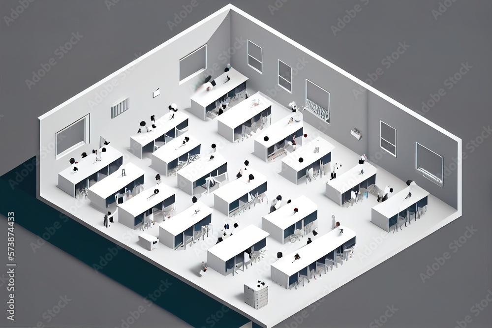 Poster a room with a desk and chairs and a wall with a window on it and a door to another room isometric vi
