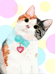 Watercolor illustration of a cute white cat with a heart pendant and a blue bow