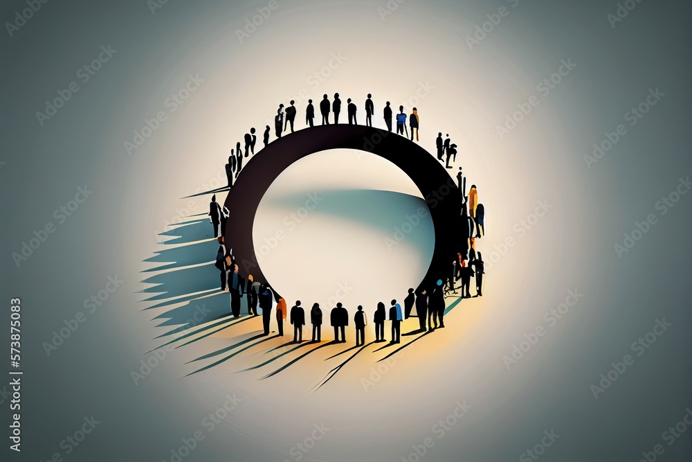 Poster a group of people standing in a circle together in a circle of shadows on a gray background editoria