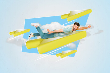 Creative photo template collage minimal design dream flying man arrow direction heaven travel...
