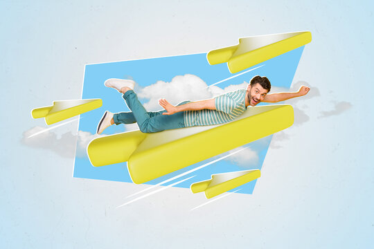 Creative photo template collage minimal design dream flying man arrow direction heaven travel around world improve skills isolated on blue background