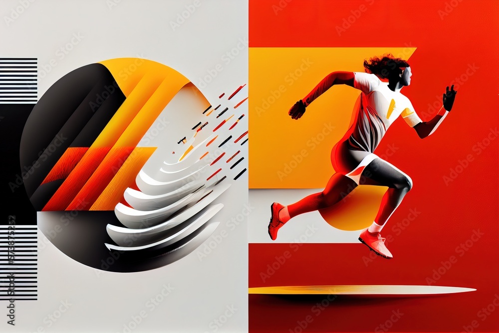 Poster A man running in a race with a background of abstract shapes and lines in the background bold shapes an ultrafine detailed painting international typographic style