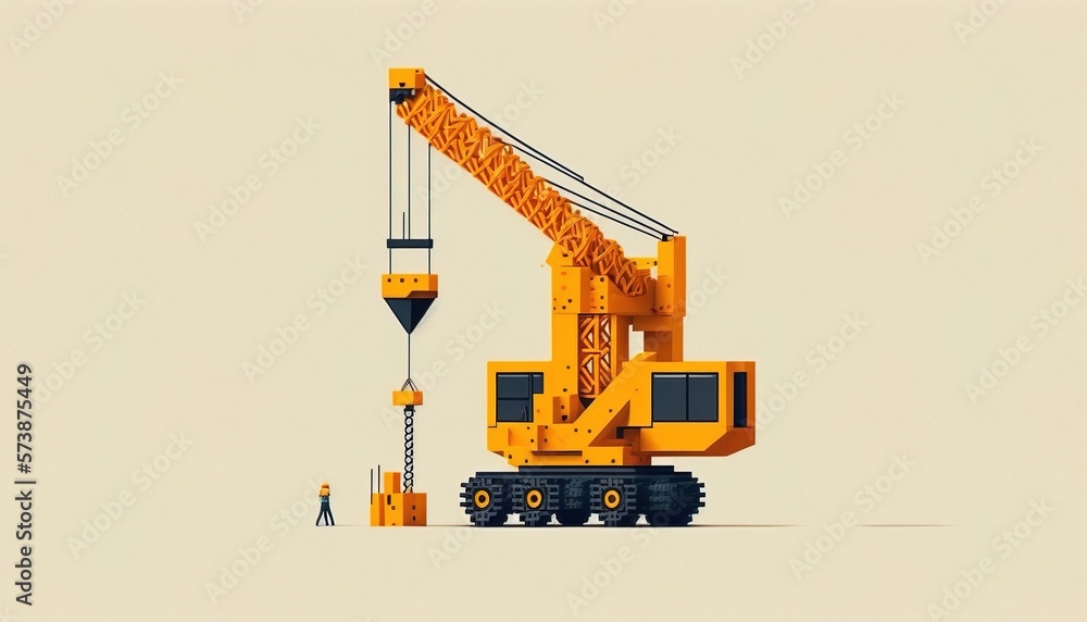 Poster a yellow crane is lifting a man on a platform to work on a crane structure colorful flat surreal des