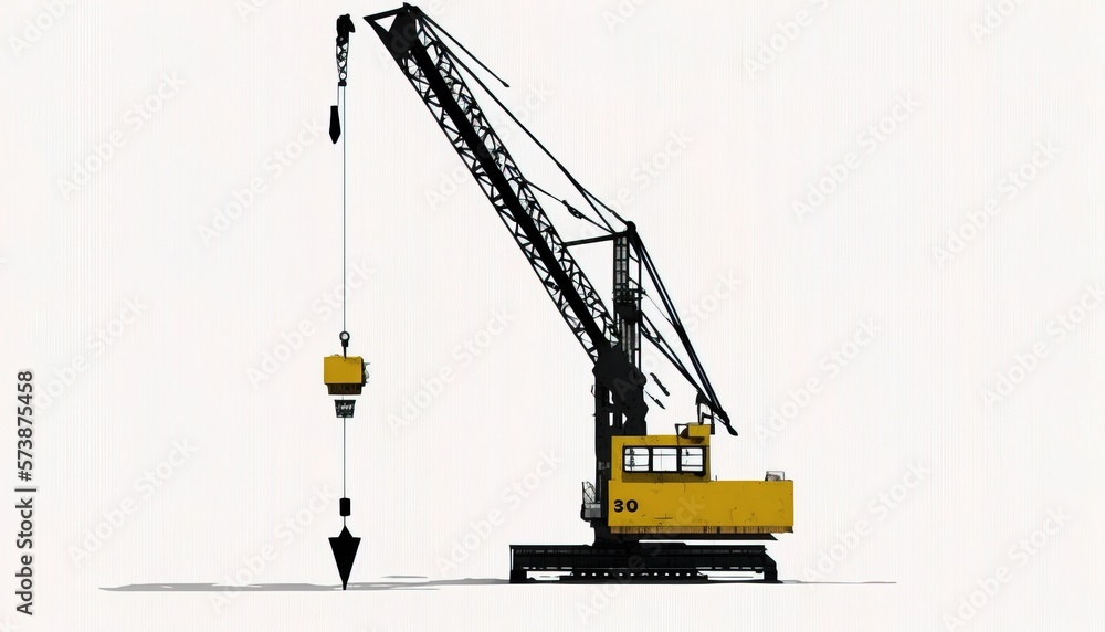 Poster a yellow crane is lifting a black object into the air with a crane hook on it matte drawing a digita