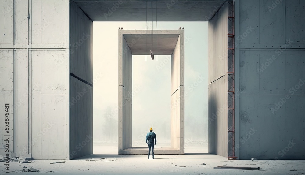 Poster A man standing in a doorway with a ladder in the background and a light at the end of the room octane renderer a 3d render concrete art