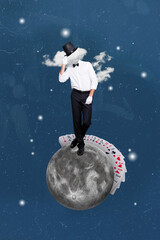 Fototapeta premium Creative photo banner collage design of young headless professional player blackjack casino man anonym stay moon space isolated on blue background