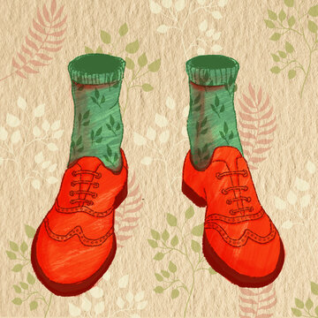 Red  shoes with bright green socks, leaves pattern, spring mood. Contrast  illustration.